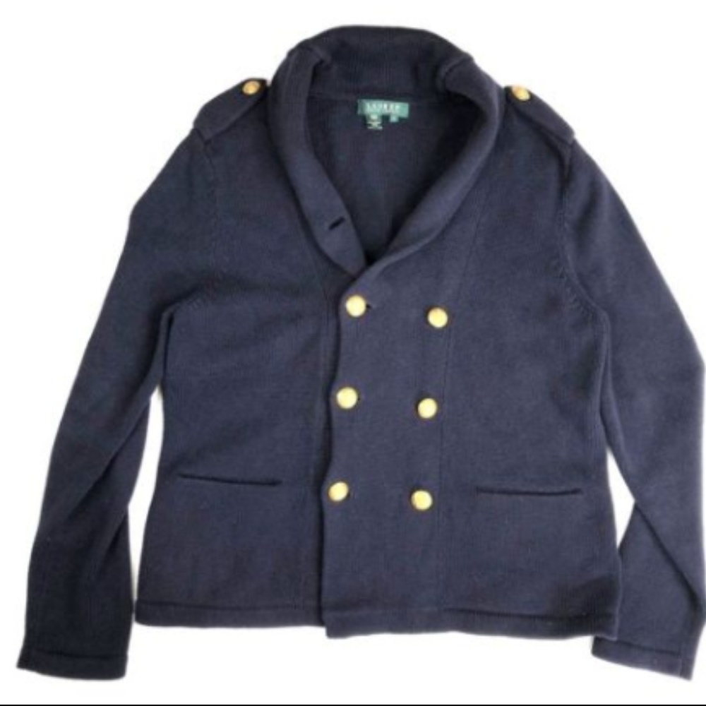 Large Navy Gold Double Breasted Cardigan Sweater - Picture 1 of 6